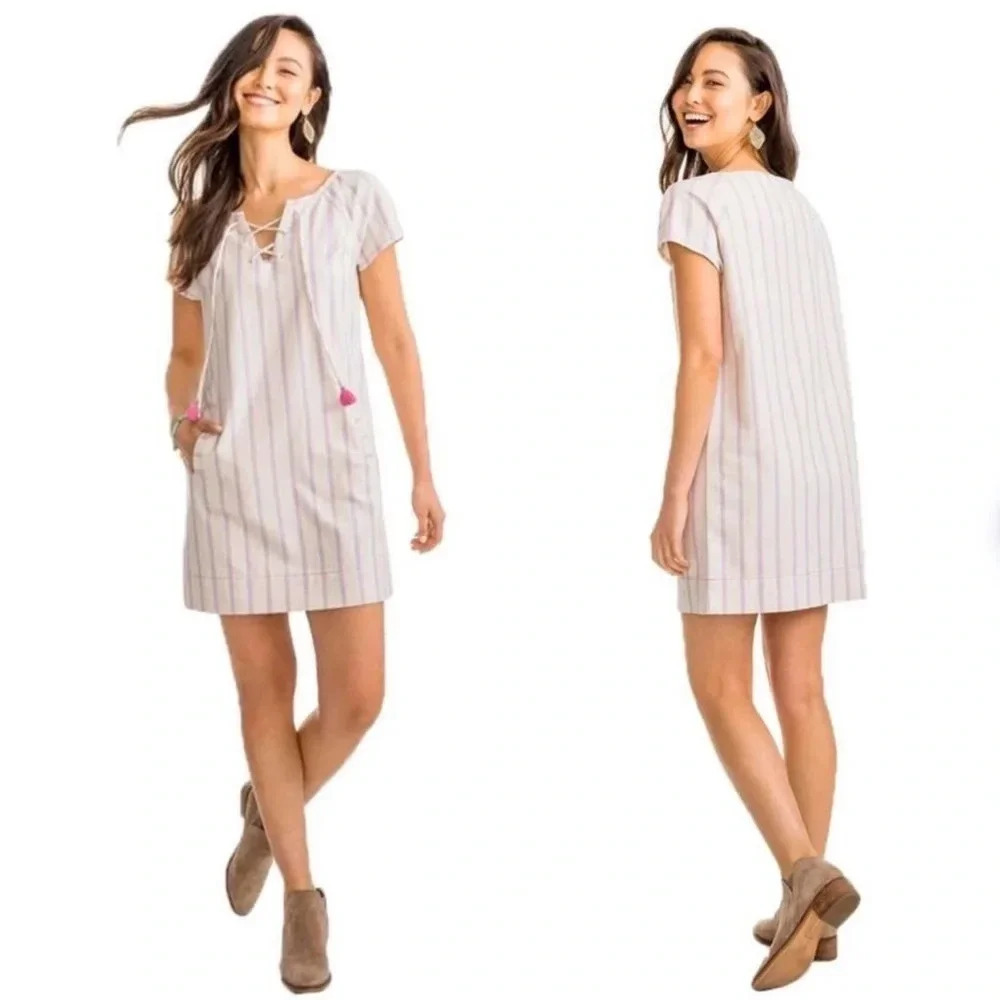 New SOUTHERN TIDE MCKENNA Striped shift Dress natural tassel lace up pockets